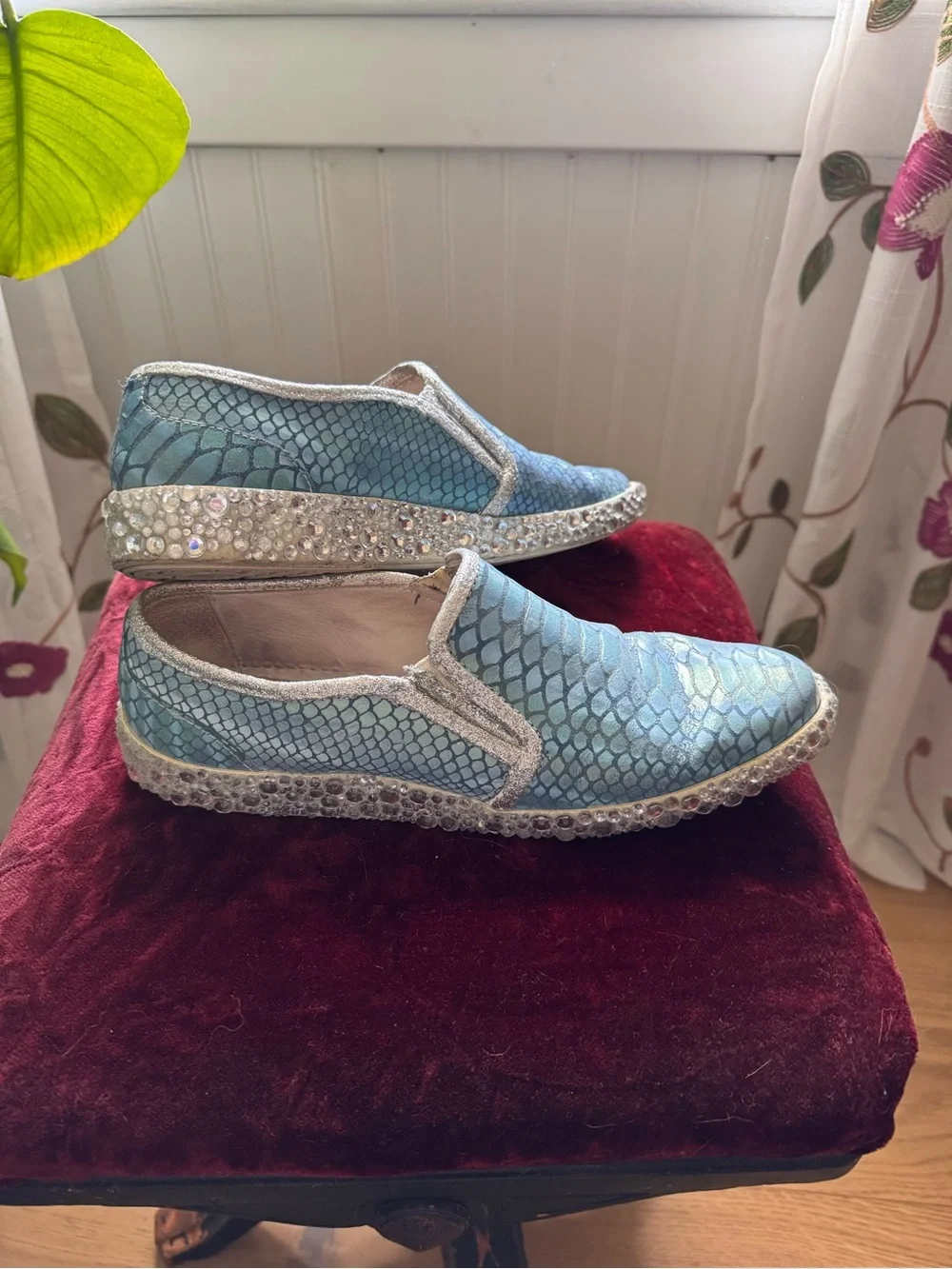 Iridescent Aqua Upcycled Slip-On Sneakers with Scaled Texture and Rhinestones